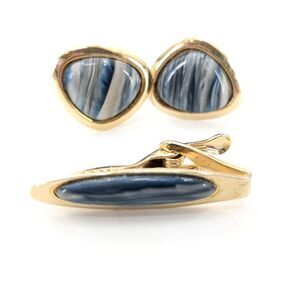 Men's Blue Gold Tone Marbled Wood Look Cufflinks and Tie Tack Set